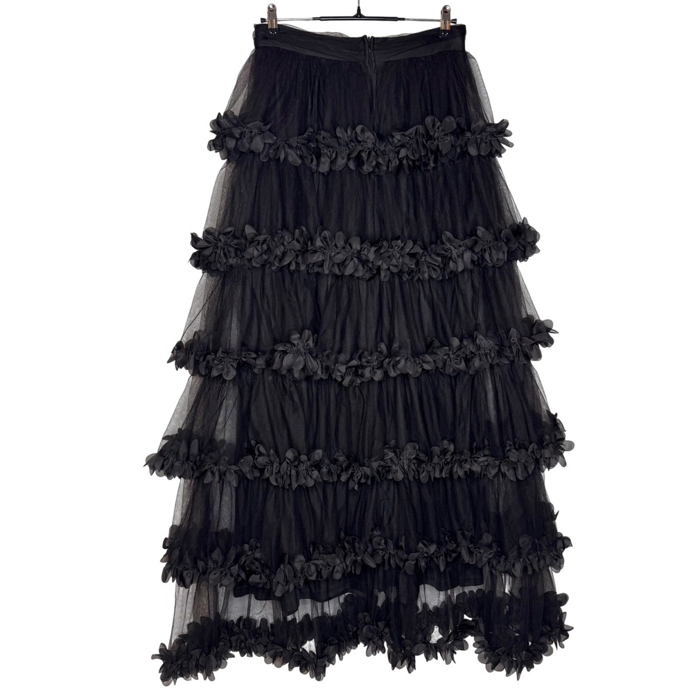 Faeriesty Whimsigoth Dark Fairy Black Tulle Tiered Maxi Skirt 3D Floral Sz L - Picture 6 of 10